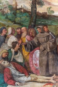 St Anthony kiinnittää jalkansa uudelleen nuorelle miehelle, Pyhän koulu, yksityiskohta 2197268 (fresko) tekijältä Titian (c.1488 1576)