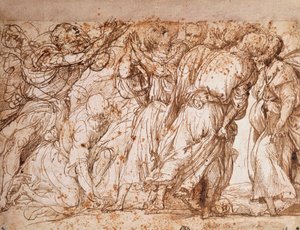 Tutkimus apostolien ryhmästä Frarin taivaaseenastumisen kirkossa Venetsiassa, Tiziano Vecellio (n. 1490-1576), kynä- ja mustepiirustus tekijältä Titian (c.1488 1576)