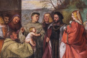 Vauva julistamassa äidin viattomuutta, pohjoinen muuri, Pyhän koulu, yksityiskohta 2195188 ja 2195385 tekijältä Titian (c.1488 1576)