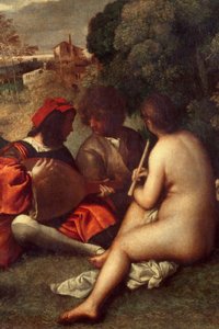 Bändikonsertti Muusikot nurmikolla, naiset alasti. Yksityiskohta. Tiziano Vecellio dit le Titian (1485-1576) tai Giorgio da Castelfranco dit Giorgione (1476/1478-1510) Sunin maalaus. 1,05 x 1,36 m Pariisi, musee du Louvre