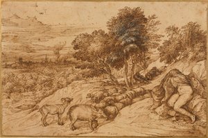 Puinen maisema, jossa alaston nainen, pään peitossa (kynä ja ruskea muste kermapaperilla) tekijältä Titian (c.1488 1576)