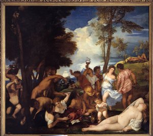 Bacchuksen saapuminen Androsin saarelle (Bacchanal of the Andrii). Saapuminen Bacchuksesta Androsin saarelle. Kuva, joka esittää satiirien ja bacchantien juhlaa jumalallisen Bacchuksen (Baccanal) kunniaksi. Tiziano Vecellion maalaus nimeltä Tizian (1485-15 tekijältä Tiziano Vecelli