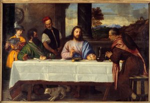Illallinen Emmauksessa Tapaa Jeesus pelerinien kanssa. Tiziano Vecellio dit le Titian (1485-1576) maalaus 1500-luvun su. 1,69 x 2,44 m tekijältä Titian (c.1488 1576)