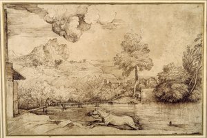 Maisema: ratsastamaton hevonen, jota käärme takaa (kynä ja ruskea muste kermanvärisellä paperilla) tekijältä Titian (c.1488 1576)