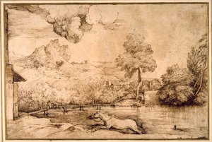 Maisema: ratsastamaton hevonen, jota käärme takaa (kynä ja ruskea muste kermapaperilla) tekijältä Titian (c.1488 1576)