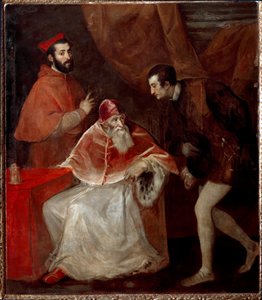 Paavi Paavali III ja hänen pojanpoikansa (Alessandro ja Ottavio Farnese) tekijältä Tiziano Vecelli