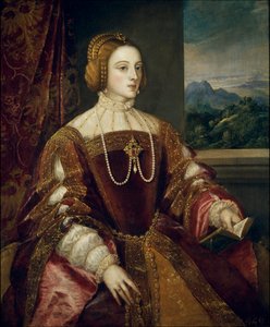 Portugalilaisen vaikutuksen Isabellan muotokuva (1503-1539) Tiziano Vecellion maalaus nimeltä Tizian (1485-1576) 1548 Sun. 1,17x0,98 m Madrid, Pradon museo tekijältä Tiziano Vecelli