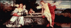 Tiziano Vecellion pyhä rakkaus ja maallinen rakkausmaalaus nimeltä Titian (1490-1576) noin 1515. Aurinko. 118x279 cm Rooma, Galleria Borghese - Pyhä ja profaani rakkaus - Tiziano Vecellion maalaus, nimeltään Tizian (n. 1488-1576), öljy kankaalle, n. 1515 ( tekijältä Tiziano Vecelli
