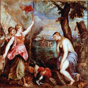 Espanja uskonnon avuksi: allegoria paavi Pius V:n joukkojen voitosta (mukaan lukien Espanja) Ottomaanien valtakunnan laivastosta Lepanten meritaistelussa vuonna 1571. Naisen, joka on uskonto, pelastaa soturi, joka edustaa Espanja. Maalaus