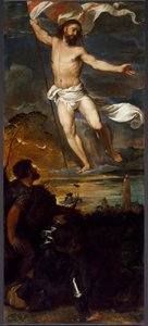 Polyptyykki Averoldin keskipaneelin ylösnousemus. Tiziano Vecellion maalaus puulle nimeltä Titian (n. 1490-1576) 1500-luvun Brescia, Pyhien Nazzaron ja Celson kirkko tekijältä Tiziano Vecelli