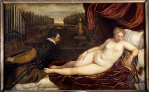 Konsertti Un woman nude lie en pres un homme soittamassa urkuja. Tiziano Vecellion maalaus nimeltä Tizian (1485-1576)