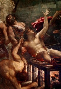 Saint Laurentin marttyyrikuolema Saint Laurentin anominen grillissä vuonna 258 Roomassa. Yksityiskohta. Tiziano Vecellion maalaus nimeltä Tizian (n. 1490-1576) 1548-1559 aurinko. 500x280 cm Venetsia, Jesuiiittien kirkko