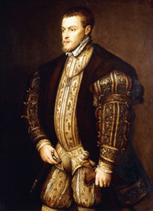 Muotokuva Espanjan kuninkaan Philip II:sta, pituus kolme neljäsosaa, pukeutunut puolihaarniska ja Kultaisen fleecen ritarikunnan kunniamerkki,