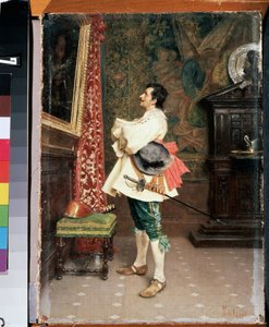 "Ennen muotokuvaa" (Ennen muotokuvaa) Mies, pukeutunut 1600-luvun muskettisoturiin, ihailemassa maalausta (oma muotokuvansa) Tito Contin (1842-1924) maalaus Mikhail Kroshitsky Art Museum, Sevastopol (Sevastopol) Ukraina tekijältä Tito Conti