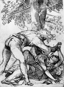 Luonnos mustasukkaiselle aviomiehelle Scuola del Santossa, c1510, 1937 tekijältä Tiziano Vecelli