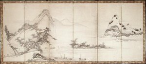 Matkustajat järvenrantasillalla, n. 1700 (muste ja väri paperille) tekijältä Toetsu Toetsu