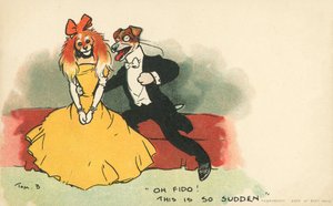 Koirat pukeutuneet romanttiseksi pariksi (väri litho) tekijältä Tom Browne