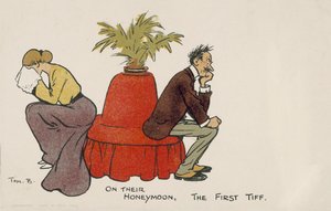 Pariskunnan ensimmäinen riita häämatkalla (värilitografia) tekijältä Tom Browne
