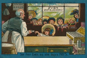 Tyttö ostaa suklaata kaupasta (värilitografia) tekijältä Tom Browne