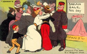 Johnnyn äiti menee alennusmyyntiin (värilitografia) tekijältä Tom Browne