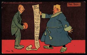 Mies lukee pitkää laskua putkimieheltä (chromolitho) tekijältä Tom Browne