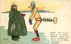 Mies, jolla on laite, jolla hänet palautetaan jaloilleen, jos hän kaatuu luistellessaan (väri litho) tekijältä Tom Browne