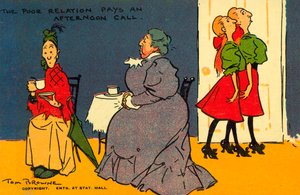 Köyhä sukulainen käy iltapäiväkäynnillä (värilitografia) tekijältä Tom Browne