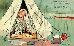 Kolme miestä veneessä (värilitografia) tekijältä Tom Browne