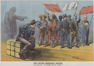 The United American Nation, satiiri maahanmuuttajien moninaisuudesta 1800-luvun amerikkalaisessa yhteiskunnassa (värilitro).