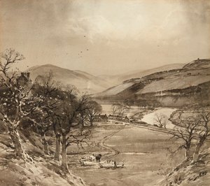 Ettrick Valley lähellä Selkirk (grisaille) tekijältä Tom Scott