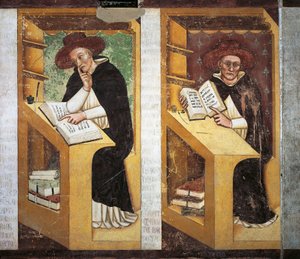 Dominikaaniset munkit, yksityiskohta Dominikaanisen ritarikunnan neljänkymmenen maineikkaan jäsenen syklistä, kirjoittanut Tommaso da Modena (1326-1379), fresko, yksityiskohta, dominikaaniluostari, Treviso, Italia