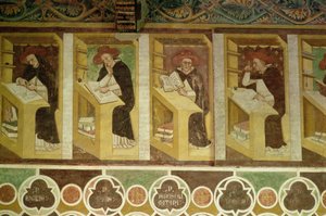Neljä dominikaanimainkkia työpöytässään, jaksosta "Neljäkymmentä maineikasta Dominikaanisen ritarikunnan jäsentä" Kapitalissa, 1342