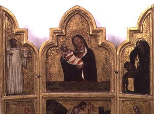 Madonna ja lapsi Pyhän Benedictuksen ja Pyhän Hieromuksen kanssa, triptyykin yläpuoli (katso myös 78652) tekijältä Tommaso da Modena Barisino or Rabisino