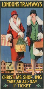"Jouluostoksilla, ota koko päivän 1 lippu", Lontoon kreivikuntaneuvoston LCC Tramways -juliste, 1926 tekijältä Tony Castle