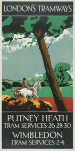 "Putney Heath, Wimbledon", Lontoon kreivikuntaneuvoston LCC Tramways -juliste, 1927 tekijältä Tony Castle