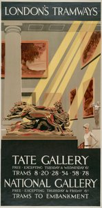 "Tate Gallery, National Gallery", Lontoon kreivikuntaneuvoston LCC Tramways -juliste, 1927 tekijältä Tony Castle
