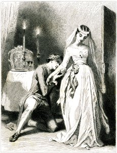 Huokaileva rakastaja polvistuu kauniin kihlattunsa jalkojen juureen kynttilänvalossa sisätiloissa - tyttö romanttisessa mekossa ja kampauksessa - kaiverrus (etsaus 1845) Tony Johannot (Antoine Johannot dit tekijältä Tony Johannot