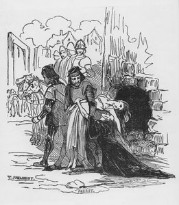 Sotilaat raahaavat pois naisvankia, kuva Victor Hugon (1802-85) teokseen "The Hunchback of Notre Dame" (ksylografi)