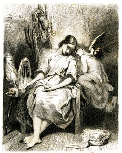 Nuori nainen (kehrääjä) nukkuu pyöränsä ääressä - Angelot nojaa hänen olkapäänsä yli - uni - unelma - haaveilu - rakkaus - kaiverrus (etsaus 1845) Tony Johannot (Antoine Johannot dit) tekijältä Tony Johannot