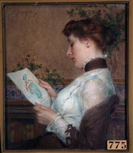 Kuva Nainen ihailemassa piirustusta. Tony Robert Fleuryn (1837-1912) maalaus 1800-luvun Orleans, Musee des Beaux Arts
