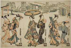 Fukagawan tytöt-a Tri ptych tekijältä Torii Kiyohiro