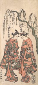 Nuoret rakastavaiset roikkuvan pajun alla, kätensä ristissä, päät taivutettuina, 1754. tekijältä Torii Kiyohiro