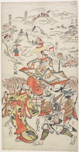 Fujiwara no Teika hevosen selässä Säestäjänä O_e Saemon ja The Woman Nowake, c. 1710 tekijältä Torii Kiyomasu II