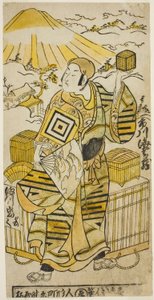 Näyttelijä Ichikawa Ebizo II Goto Saemonina näytelmässä "Tokaido Yukumi Guruma", joka esitettiin Ichimura-teatterissa kahdeksannella kuukaudella 1736 tekijältä Torii Kiyomasu II