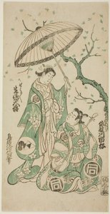 Näyttelijät Sanogawa Ichimatsu I Soga no Gorona ja Ikushima Daikichi II Kewaizaka no Shoshona näytelmässä "Monzukushi Nagoya Soga", joka esitettiin Ichimura-teatterissa ensimmäisen kuukauden aikana, 1748 tekijältä Torii Kiyomasu II