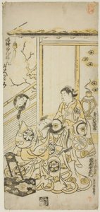 Näyttelijät Tamazawa Saijiro I Oiso no Torana ja Ichimura Uzaemon VIII Soga no Juro -näytelmässä "Haru wa Akebono Kuruwa Soga", joka esitettiin Ichimura-teatterissa ensimmäisen kuukauden aikana, 1743 tekijältä Torii Kiyomasu II