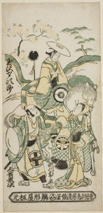 Näyttelijät Tamazawa Saijiro I Ushiwakamaruna, Segawa Kikunojo I Orokuna ja Otani Oniji I Matano Gorona näytelmässä "Sazareishi Suehiro Genji", joka esitettiin Nakamura-teatterissa ensimmäisen kuukauden aikana, 1744. tekijältä Torii Kiyomasu II