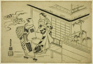 Näyttelijät Nakamura Takesaburo I Kewaizaka no Shoshona ja Ichikawa Danjuro II Soga no Gorona näytelmässä "Bando Ichi Kotobuki Soga", joka esitettiin Nakamura-teatterissa ensimmäisen kuukauden aikana, 1715. tekijältä Torii Kiyomasu I