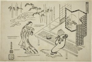 Näyttelijät Nakamura Takesaburo I roolissa Kewaizaka no Shosho ja Ichikawa Danjuro II roolissa Soga no Goro pukeutuneena komusoksi näytelmässä "Bando Ichi Kotobuki Soga", joka esitettiin Nakamura-teatterissa ensimmäisen kuukauden aikana. tekijältä Torii Kiyomasu I