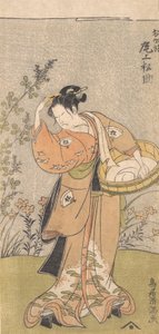 Näyttelijä Onoya Matsusuke, O-Kanen naisvaatteessa, säätelee kampaa hiuksissaan, 17..., 1735-1785.